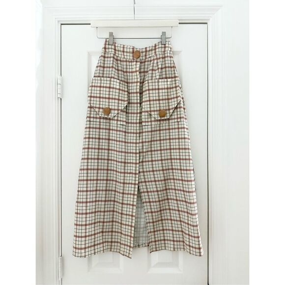 NICHOLAS Dresses & Skirts - Nicholas Womens Cream Red Relaxed Linen Blend Cargo Plaid Midi Skirt 2